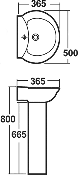 Technical image of Crown Ceramics Otley 500mm Basin & Pedestal (1 Tap Hole).