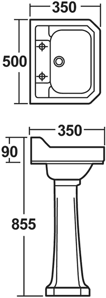 Technical image of Crown Ceramics Carlton 500mm Basin & Pedestal (2 Tap Holes).