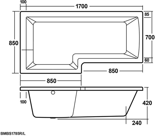 Technical image of Crown Baths Square Shower Bath With Screen & Panels (Left Handed).