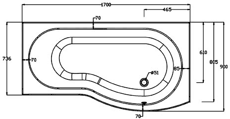 Technical image of Crown Baths Shower Bath With Screen & Panels (1700mm, Right Handed).