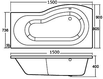 Technical image of Crown Suites 1500mm Shower Bath Suite With Toilet & Basin (Left Handed).