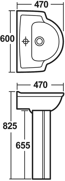 Technical image of Crown Ceramics Linton 4 Piece Bathroom Suite With Toilet, Seat & 600mm Basin.