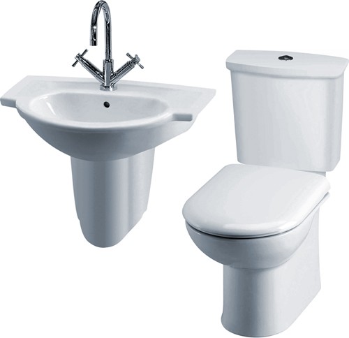 Larger image of Crown Ceramics Linton 4 Piece Suite, Toilet, Seat, Basin & Semi Pedestal.