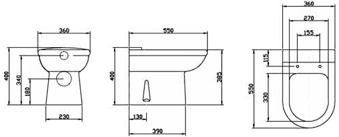 Technical image of Crown Ceramics Linton Suite With Back To Wall Pan, Seat, Recessed Basin.