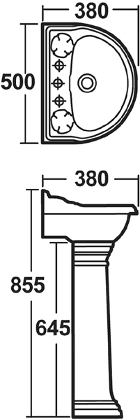 Technical image of Crown Ceramics Ryther 4 Piece Bathroom Suite With 600mm Basin (1 Tap Hole).