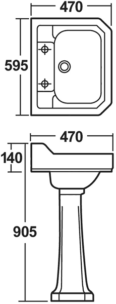 Technical image of Crown Ceramics Carlton 4 Piece Bathroom Suite, 600mm Basin (2 Tap Holes).