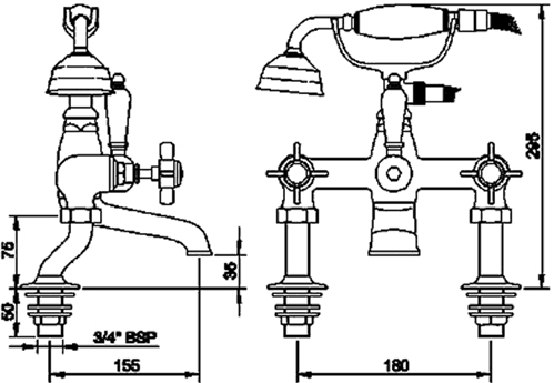 Technical image of Crown Traditional Basin Taps & 3/4" Bath Shower Mixer Tap Set (Chrome).