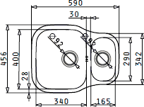 Technical image of Pyramis Dione 1.5 Bowl Undermount Kitchen Sink, Waste & Tap. 590x460mm.
