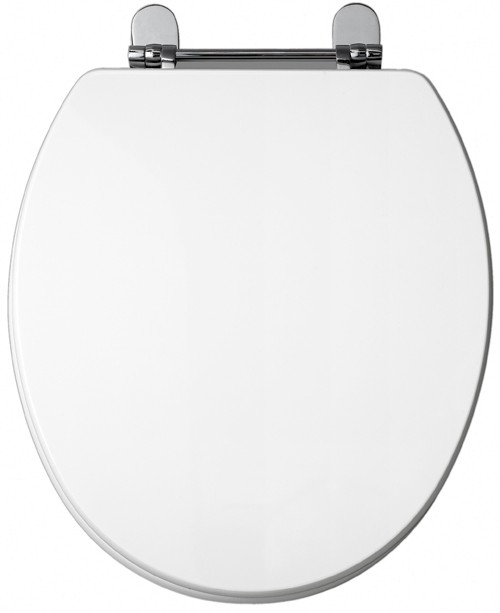Larger image of daVinci White gloss modern toilet seat with chrome hinges.