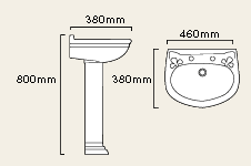 Technical image of Avoca Vale 2 Tap Hole Cloakroom Basin and Pedestal.
