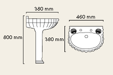 Technical image of Avoca Shell 2 Tap Hole Cloakroom Basin and Pedestal.