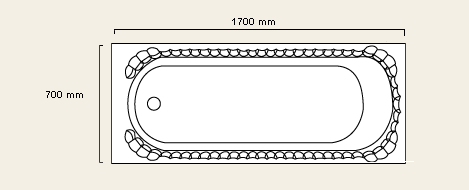 Technical image of Avoca Shell white bath. 1700 x 700mm. Legs included.