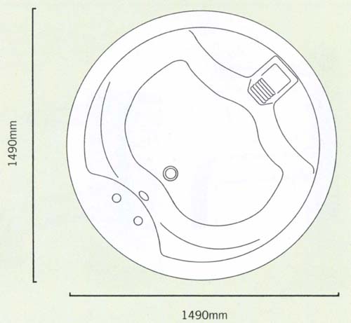 Technical image of Shires Saturn acrylic circular bath with 2 tap holes.  1490mm diameter.