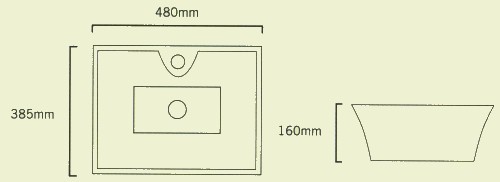 Technical image of Shires Rectangular Tango Free-Standing Basin, 1 Tap Hole. 480x385x160mm.