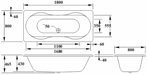 Technical image of Linear White double ended bath. 1800 x 800mm. Legs included.