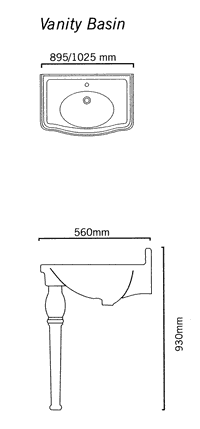 Technical image of Arcade Basin With Ceramic Legs. 895 x 560mm.