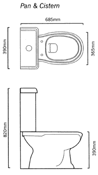 Technical image of Arcade Toilet With Seat, Push Flush Cistern And Fittings.