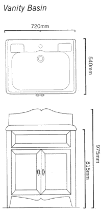 Technical image of Arcade Vanity Unit With 1 Tap Hole  Basin. 735 x 540mm.