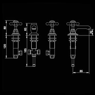 Technical image of Hudson Reed Topaz 3 tap hole basin mixer + free pop up waste