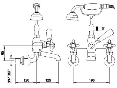 Technical image of Hudson Reed Topaz Wall mounted bath shower mixer (Antique Gold)