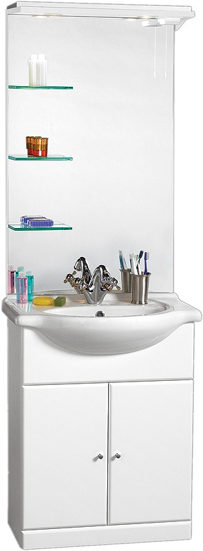Larger image of daVinci 650mm Contour Vanity Unit with ceramic basin, mirror and shelves.
