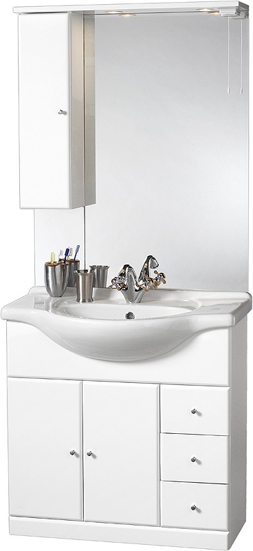 Larger image of daVinci 850mm Contour Vanity Unit with ceramic basin, mirror and cabinet.