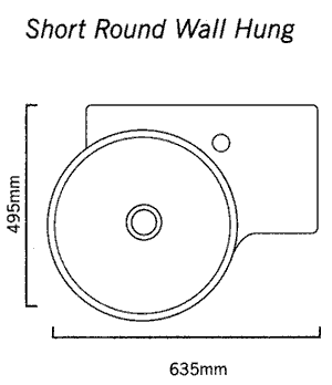 Technical image of Flame 1 Tap Hole Round Wall Hung Basin With Shelf Unit. 635 x 490mm.