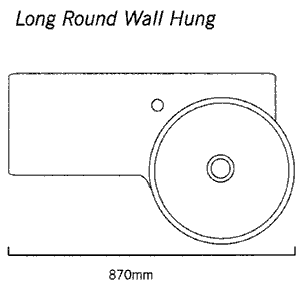 Technical image of Flame 1 Tap Hole Long Round Wall Hung Basin. 875 x 495mm.