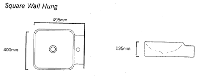 Technical image of Flame 1 Tap Hole Square Wall Hung Basin. 400 x 495mm.