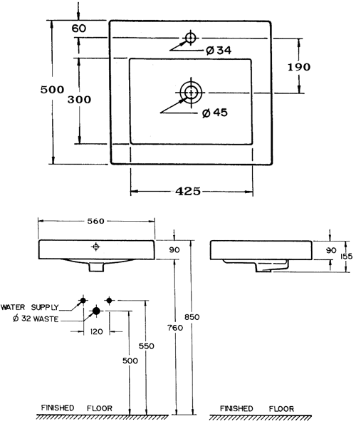 Technical image of Maya 1 Tap Hole Drop in Basin.