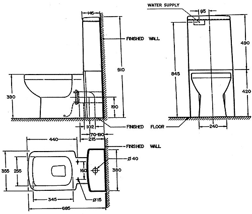 Technical image of Maya WC Toilet with seat, push flush cistern and fittings.