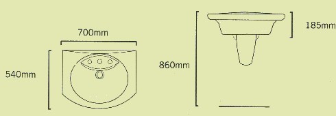 Technical image of Shires Parisi 1 tap hole basin with semi-pedestal and towel rail.