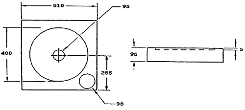 Technical image of Ofuro Basin with tray for counter top. 510 x 510mm. 430m diameter.