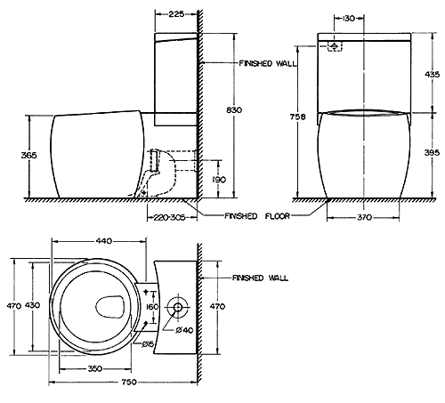 Technical image of Ofuro WC Toilet with pan, push flush cistern & fittings and seat.