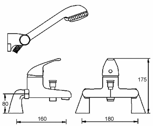 Technical image of Nuie Eon Bath shower mixer including kit