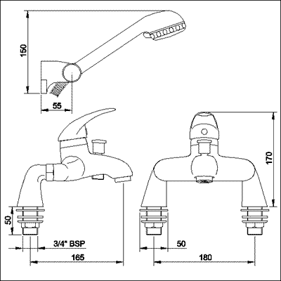 Technical image of Athena Single lever bath shower mixer including kit