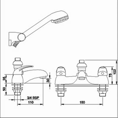 Technical image of Athena 3/4" Bath shower mixer including kit