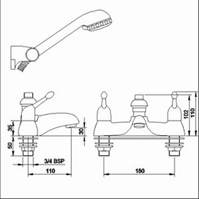 Technical image of Ultra Pacific 3/4" Bath shower mixer including kit