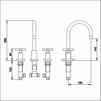 Technical image of Ultra Helix X head 3 tap hole deck mounted basin mixer.