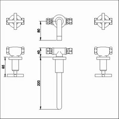 Technical image of Ultra Helix X head 3 tap hole wall mounted basin mixer tap