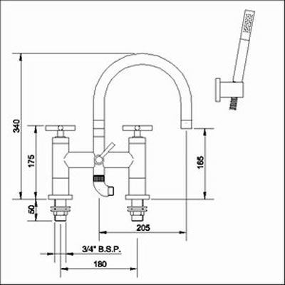 Technical image of Ultra Helix X head bath shower mixer tap including kit, swivel spout