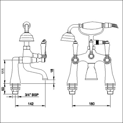 Technical image of Ultra Bloomsbury Bath Shower Mixer (Antique Gold)