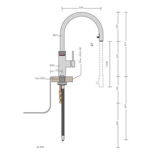 Technical image of Quooker Flex 5 In 1 Boiling Water Kitchen Tap & CUBE COMBI (S Steel).