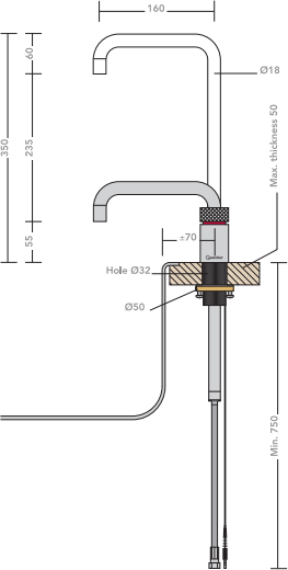 Technical image of Quooker Nordic Square Boiling Water Tap & Drip Tray. COMBI (P Chrome).