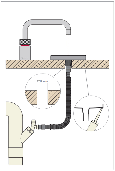 Technical image of Quooker Nordic Square Boiling Water Tap & Drip Tray. COMBI (P Chrome).