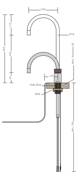 Technical image of Quooker Nordic Round Boiling Water Tap & Drip Tray. PRO3 (P Chrome).