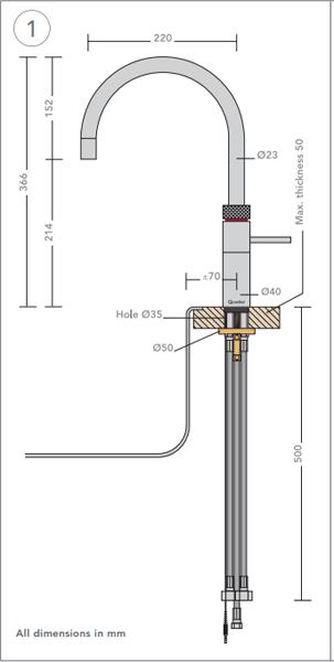 Technical image of Quooker Fusion Round Boiling Water Kitchen Tap. PRO3 (Polished Chrome).