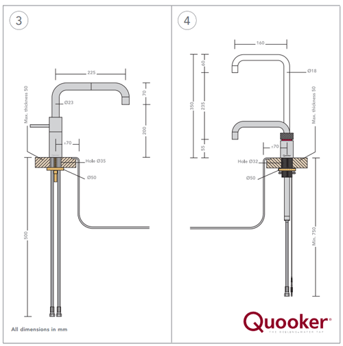 Technical image of Quooker Nordic Square Twintaps Instant Boiling Tap. PRO7 (Polished Chrome).