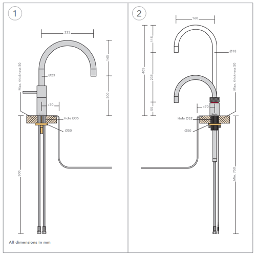 Technical image of Quooker Nordic Round Twintaps Instant Boiling Tap. PRO7 (Polished Chrome).