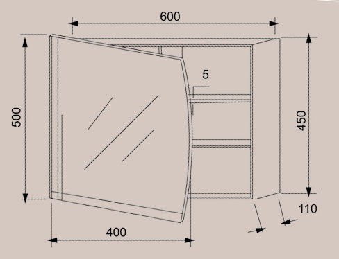 Technical image of Reflections Bryher stainless steel bathroom cabinet. 600x500mm.